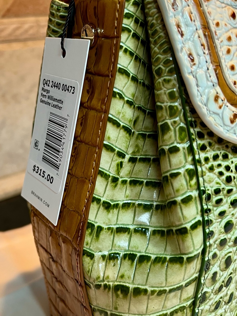 Brahmin Green and White Croc-Embossed Satchel with Gold Hardware - Picture 8 of 13